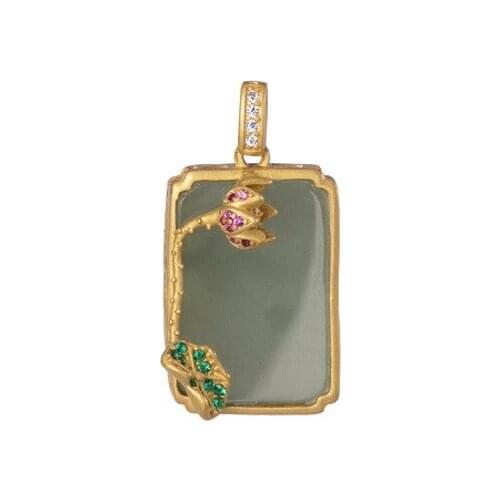 S925 sterling silver gold plated Natural Hetian jade Gray jade Pendant Retro Lotus Lotus Leaf Lucky pendant