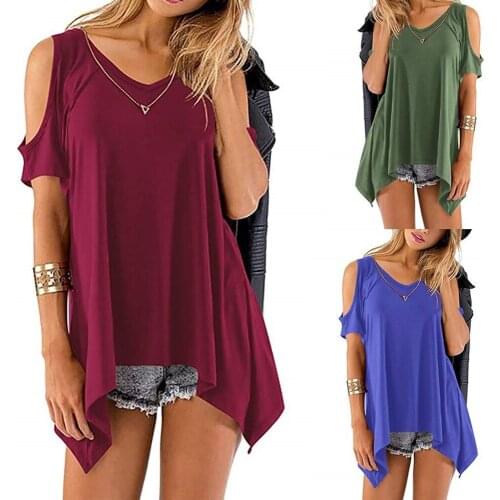 Sexy Hollow-Out Sleeve Cold Shoulder Solid Women Casual Summer T Shirt Girl Loose Irregular Large Size Pullover V-neck T-Shirt