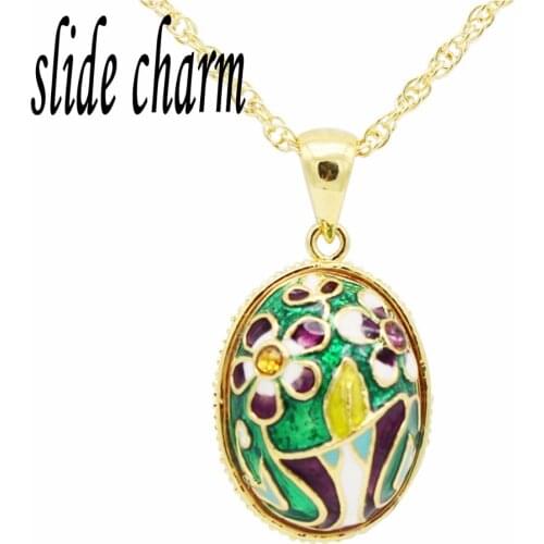 Slide charm Free shipping Yellow and purple crystal flowers green Russian gold egg pendant necklace