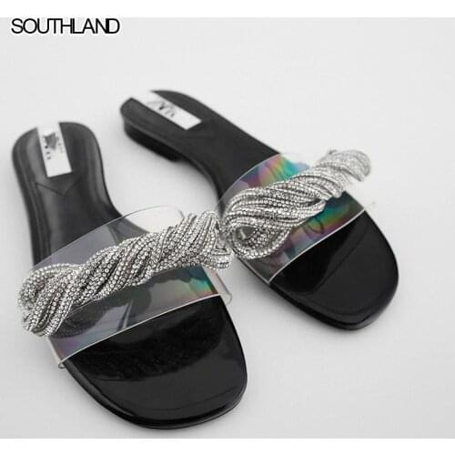 SOUTHLAND New Rhinestone Braided winding Transparent Womens flat sandals