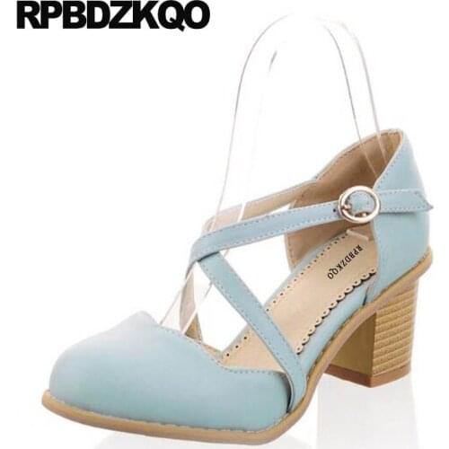 Thick Belts High Heels Lilac Light Blue Women Shoes Pumps Round Toe Cute Lolita Sweet Cross Strap Pink 2018 Size 4 34 Japanese