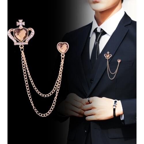 Korean Heart-shaped Crown Brooch Pin Rhinestone Crystal Tassel Chain Badge Mens Suit Shirt Corsage Clothing Jewelry Accessories