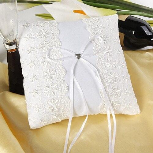 Top Quality Beautiful White Lace Flower with Bow Romantic Wedding Ring Pillow Cushion Home Decoration