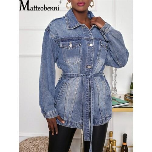 New Street Style Loose Women Denim Coat Vintage Long Sleeve Turn-Down Collar Jacket Top Fashion Solid Color Mid-Length Jean Tops