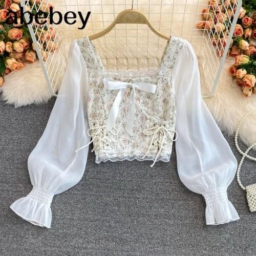 2021 New Spring Autumn Sweet square collar Lantern Sleeve Shirt bow decoration cross bandage printing short Shirt Top
