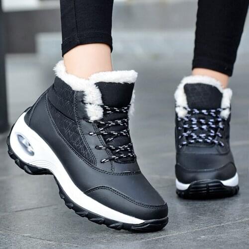 Womens Shoes With Fur Winter Warm Boots Flat Platform Lace Up Waterproof Female Walking Sneakers Black Fashion Boot Comfortable