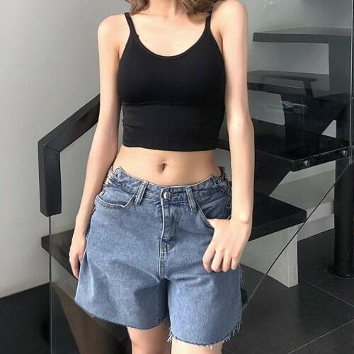 Woman Hollow Out High-Waist Shorts Denim Patchwork Side Pocket Slimming Summer Bottoms Rough Hem Blue Bright And Cute S M L