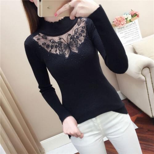 Woman Sweaters Chandails Womens Half Turtleneck Slim-Fit Jumper Embroidered Cotton Knitwear Hollow Lace Sexy Knitwear Winter