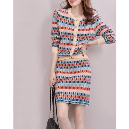 Womens Knit Skirt Suits Summer Fashion Single-Breasted Cardigan Kintwear Tops Stretch Waist Lattice Knitted Skirt 2 Piece Sets