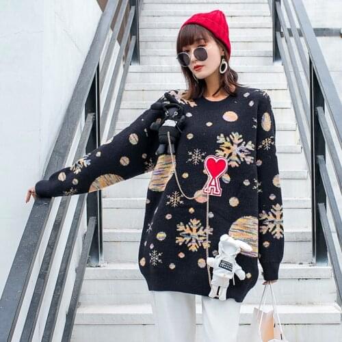 Heavy Work Jacquard Outer Wear Winter Women Casual Christmas Clothes Pullover Tops Long Sleeve Knitted Jumper Loose Sweater