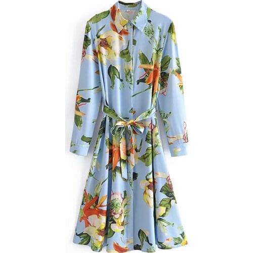 YENKYE New 2021 Women Floral Print Long Shirt Dress Female Lapel Collar Sashes Casual Loose Dress Autumn Vestido