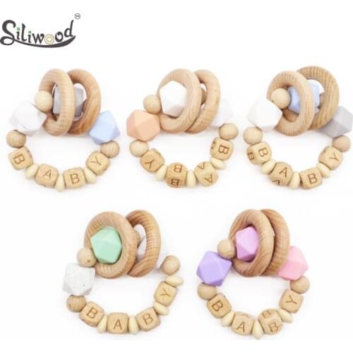 1PC Baby Wooden Rattles Beech Beads Baby Personalized Name Pacifier Chain Teething Bracelets Rodent Newborn Gifts Baby Rattle