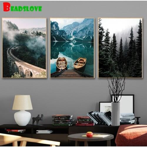 3 pieces Diamond Embroidery Misty Forest Lake Boat Geometric Abstract Nature Landscape 3d Cross stitch Diamond Painting Triptych