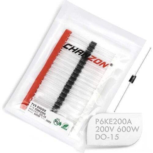 50 Pcs) TVS Diodes P6KE200A P6KE200 600W 200V DO-15 (DO-204AC) Axial Unidirectional Channel 600 Watt 200 Volt