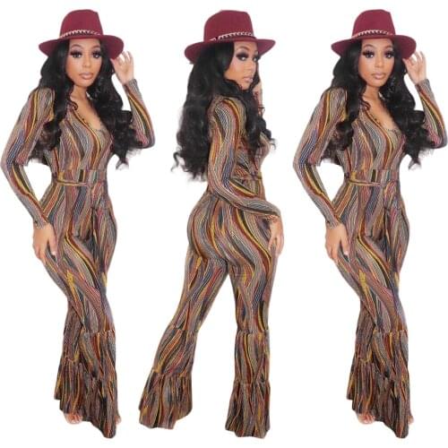 African Dresses For Women 2021 Design Ladies Clothes Dashiki Stripe Print Ankara Style Trousers Fashion Robe Africaine Jumpsuit