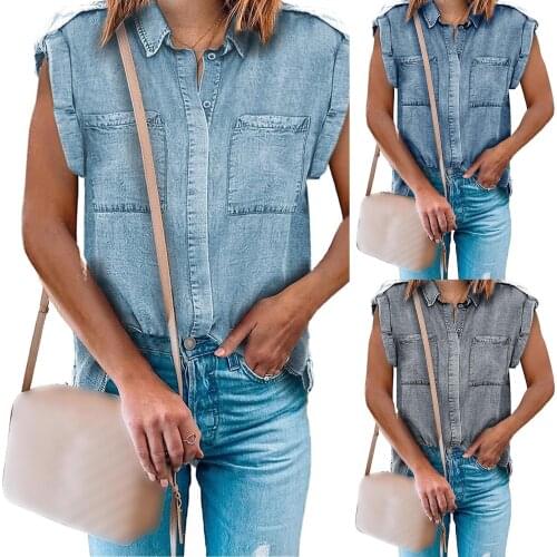 Fashion Denim Blouses Women Summer Turn Down Collar Button Shirts Casual V Neck Short Sleeve Tops Female Clothes блузка женская
