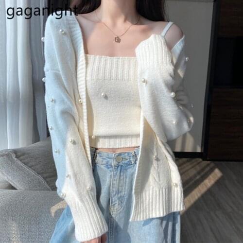Gaganight Womens Cardigan Two Pieces Set Korean Beading Solid Knitted Sweater+Sleeveless Crop Tank Tops Suits 2021 Knitwear Sets