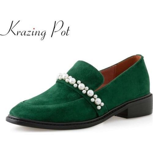 Krazing pot plus size sheep suede round toe med heel pearl decoration Korean street pretty girls dating slip on women pumps L51