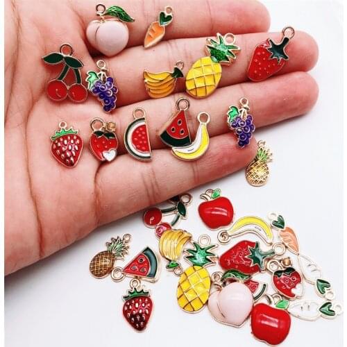 30pcs Fruits Flower Enamel Alloy Charms Strawberry fruit grape cherry Pendant Mixed Gold Tone for Bracelet Earring DIY Accessory