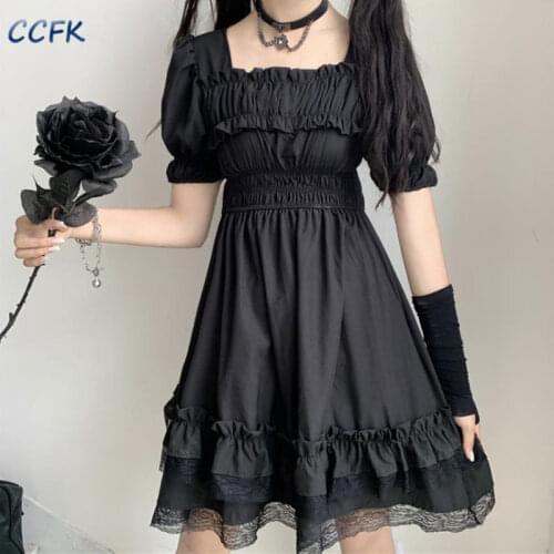 CCFK Harajuku Summer Women Dresses Princess Black Mini Dress High Waist Goth Dress Lace Puff Sleeve Hepburn Party Dresses Egirl