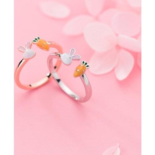Sweet Cute Enamel Rabbit Carrot Opening Ring 925 Sterling Silver Animal Rings For Baby Girls Friend Birthday Gifts
