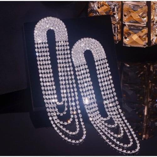 Trendy Big Geometric Round Drop Earrings for Women Silver Color Luxury Crystal Rhinestone Long Tassel Dangle Earrings Jewelry