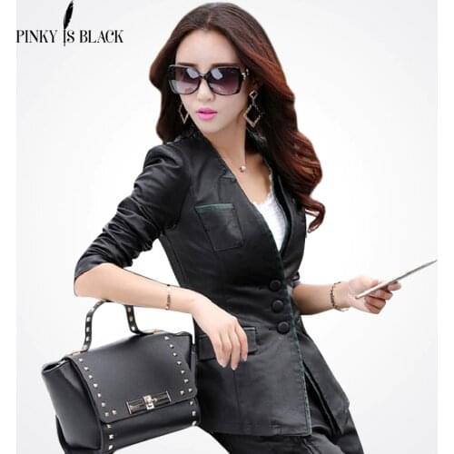 Pinky Is Black 2019 women clothing leather jacket medium-long slim red stitching leather jacket outerwear female casual jacket