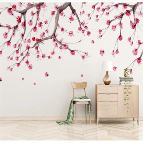 Custom 3D wallpaper new Chinese cherry blossom hand-painted flower TV background wall quality material waterproof