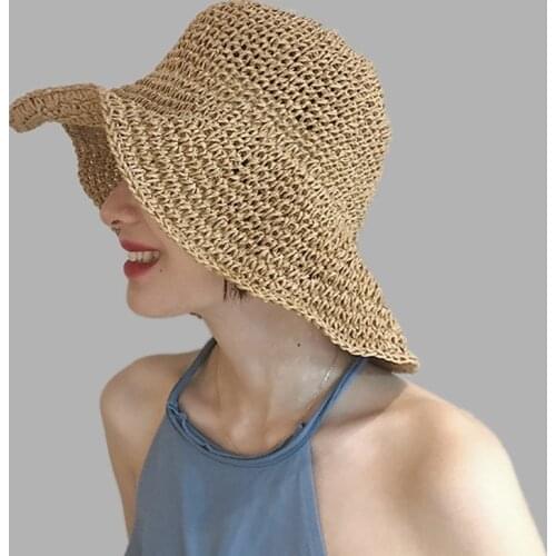 Simple Girl Raffia Sun Hat Wide Brim Floppy Summer Hats For Women Beach Panama Straw Dome Bucket Hat Femme Shade Hat