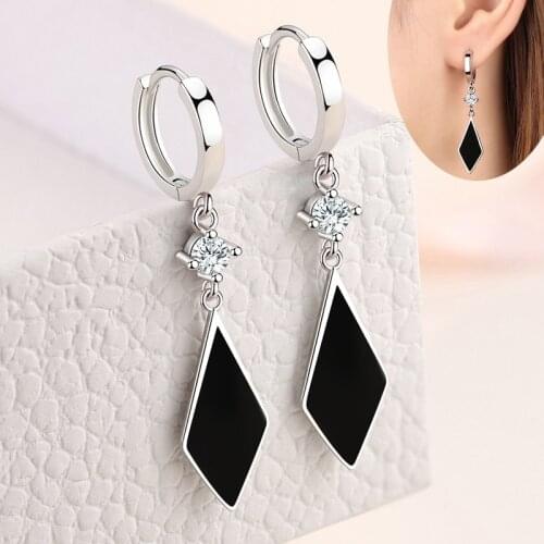 Black Rhombus Drop Earrings For Women Cubic Zirconia Stone Ear Hoop Huggie Female Dangle Piercing Earring Trendy Wedding Jewelry