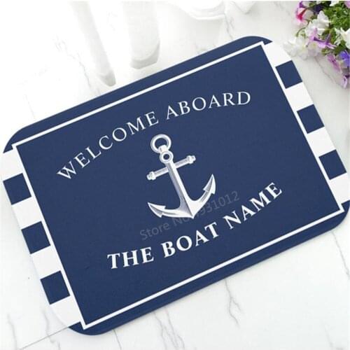 Chic Nautical Anchor Boat Navy Blue Stripes Personalised Doormat Modern Custom Your Boat Name Rubber Door Mat Rug Carpet Decor