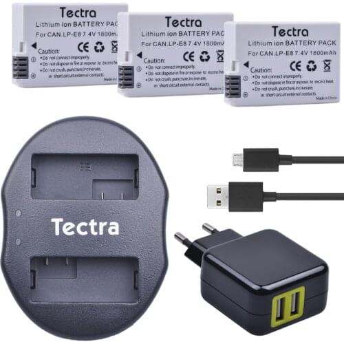 Tectra 3Pcs LP-E8 LPE8 LP E8 Li-ion Bateria +USB Dual Charger + AC Adapter for Canon EOS 550D 600D 650D 700D Rebel X4 X5 X6i X7
