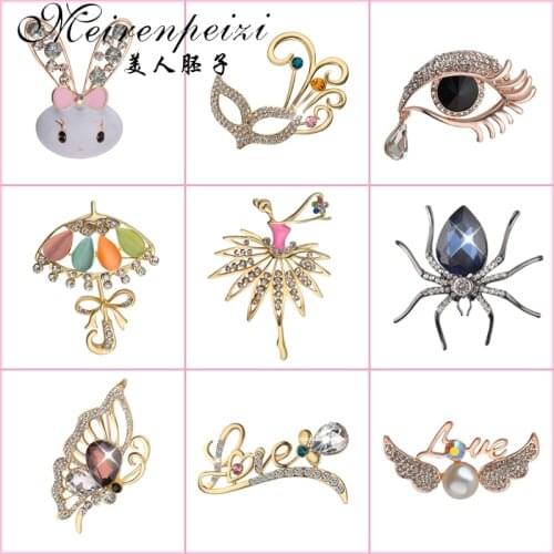 9 Styles Elegant Rhinestone Brooches for Women Crystal Flower Umbrella Rabbit Dance Girl Lapel Pins Backpack Accessories Gifts