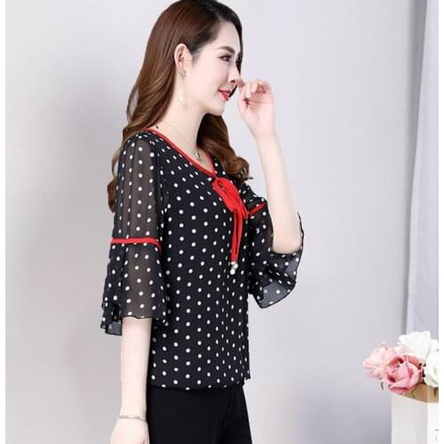 Women Spring Summer Style Chiffon Blouses Shirts Lady Casual Short Flare Sleeve O-Neck Flower Printed Chiffon Blusas Tops DD8240