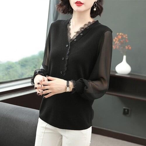 Women Spring Summer Style Chiffon Blouses Shirts Lady Casual Loose Style Lace V-Neck Long Sleeve blusas Tops ZZ0639