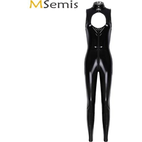 Women One-Piece Wetlook Patent Leather Leotard Jumpsuit Clubwear Hot Rave Pole Dance Catsuit Sleeveless Zippered Romper Bodysuit