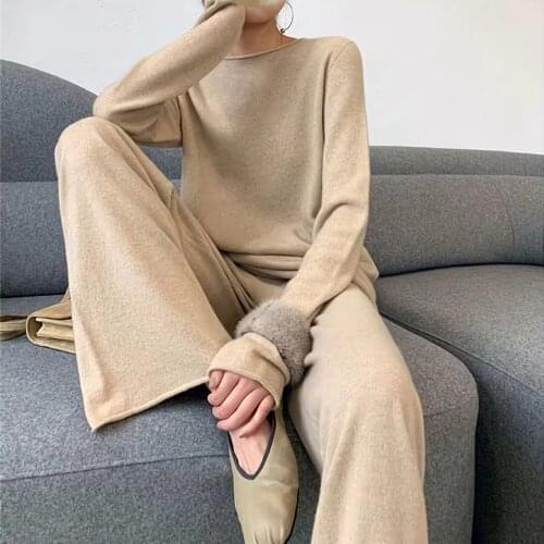 Elegant 2 Pieces Autumn Winter Women Knitted Set Slash-neck Long Sleeve Loose Casual Sweater Wide Leg Pants Suits 2021 Y30