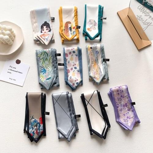 2021 Lady Small Scarf Hair Ribbon Handle Bags Tie Women Design Printed Narrow Long Wrist Ribbons Hairband Silk Skinny Scarves