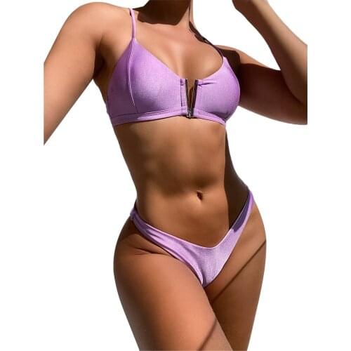 Purple Women Bikini Solid Set Swimsuit Summer Two Piece Filled Bra V Buckle Design Swimwear Beachwear 2021 maillot de bain femme