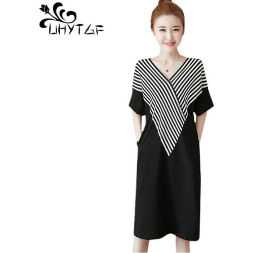 UHYTGF Korean plus size dress woman fashion stripe stitching elegant dresses for women V-neck pullover casual summer dress 1719
