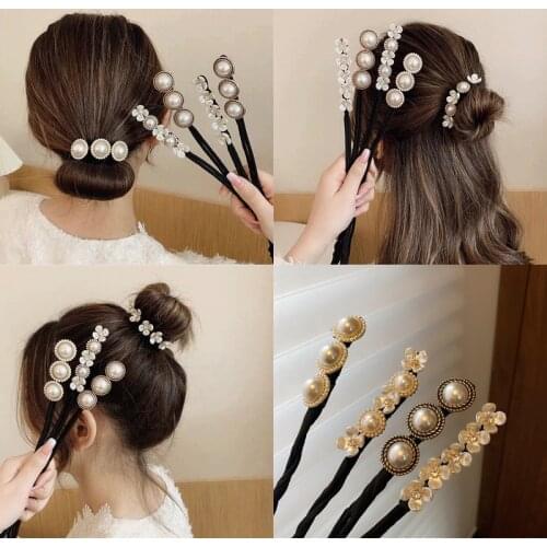 1PCS New Womens Pearl Velvet Bow Hairpin Girl Braided Hairballs Flower Bud Hair Bunch Curling Wand Styling Hair Accessories