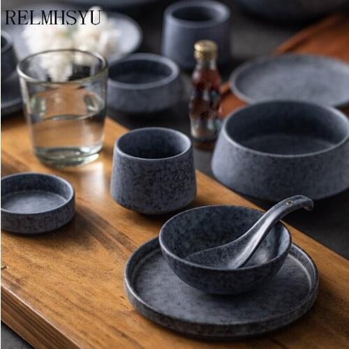 1PC RELMHSYU Japanese Style Grey Series Ceramic Rice Bowl Retro Noodle Soup Bowl Household Round Food Plate Dishes Restaurant