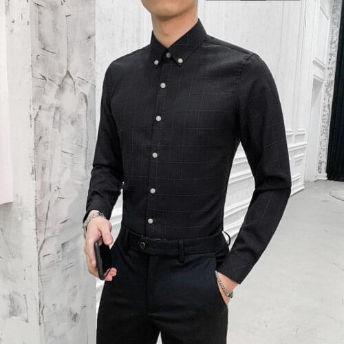 2021 Spring Men Shirt Long Sleeve Formal Business Shirt Male Slim Fit Dress Shirt Men Social Turn-Down Collar Plaid Blouses O320