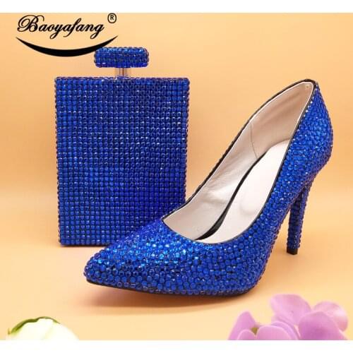 BaoYaFang Royal Blue/Orange Crystal Wedding Shoes With Macthing Bags 11cm High heels Pumps Pointed Toe women platform shoes