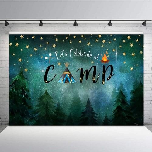 Green Jungle Camping Birthday Photography Backdrops Golden Stars Lets Celebrate at Camp Kids Birthday Party Banner Background