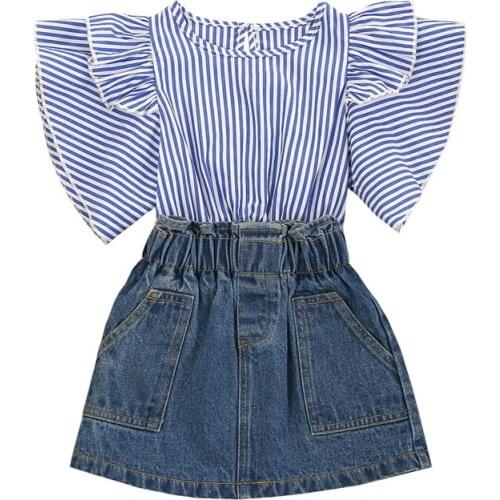 Little Kids Baby Girls Fashion 2-piece Outfit Set Fly Sleeve Striped Tops+Denim Skirt Summer Set 2-7Years