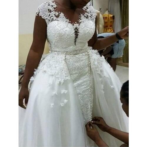 Lace Wedding Dresses Detachable Train Handwork Cap Sleeves Sheer Neck Plus Size Bridal Gown Vestidos De Novia