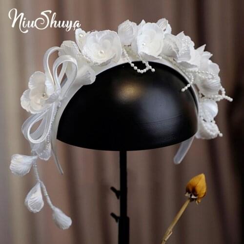 NiuShuya Pearl Satin Flower Hairband Tiara Pure Flower Wedding Hair Accessories For Women Headband Party Evening Dress Hair Dec