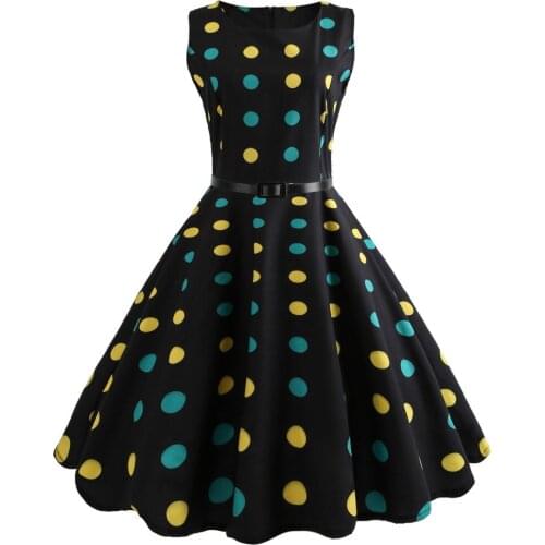 New summer dot print black Women Summer Dress 50s 60s Retro Swing Vintage Dress With Belt sexy dancing dress Party Dresses