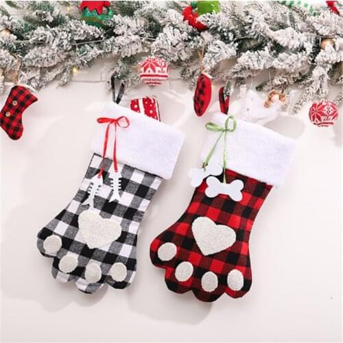 New Year Christmas Gift Kids Black and White Lattice Dog Paw Christmas Stocking Gift Bag Candy Bag Christmas Decoration Navidad